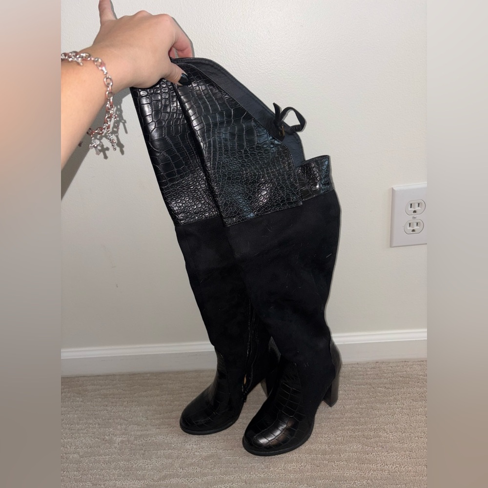 Leila Stone Black Over the Knee Boots with Croc Texture